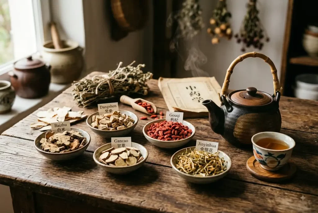 Dried herbs, roots, and flowers